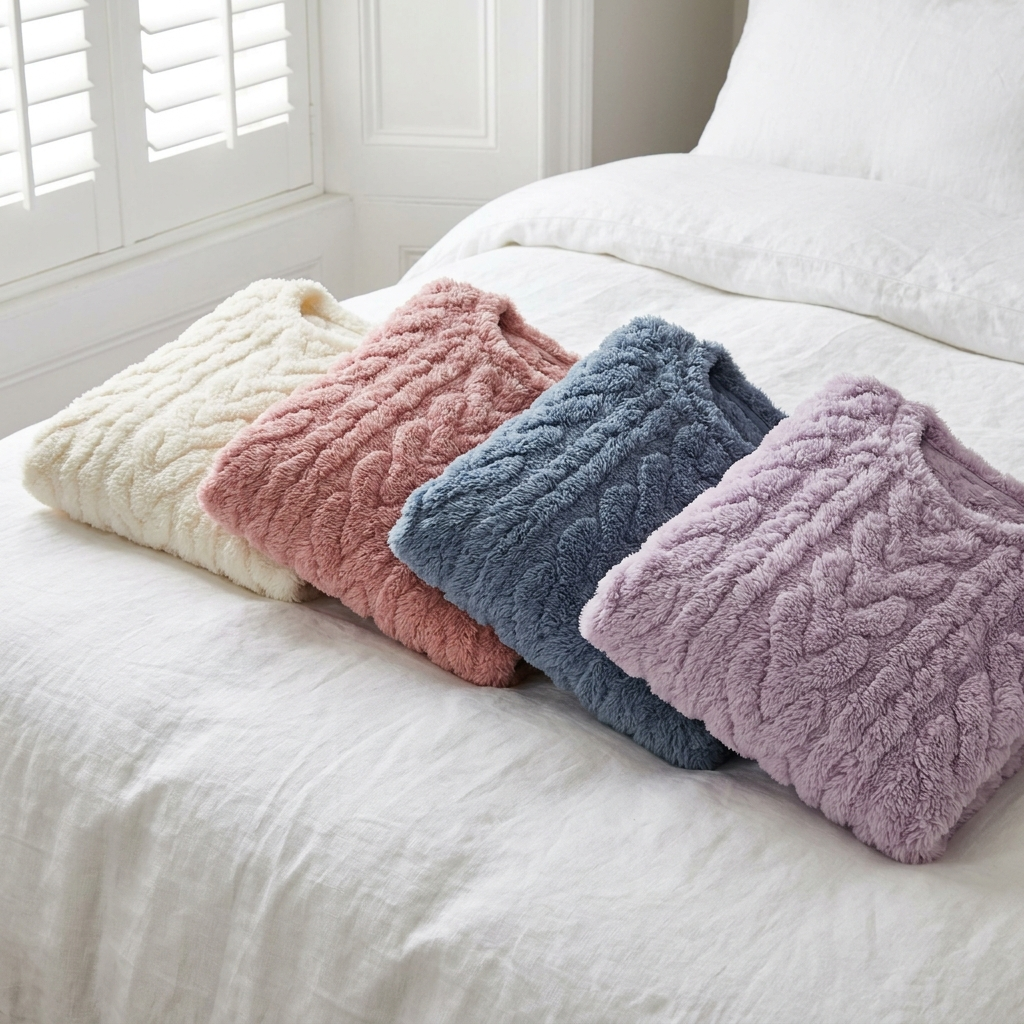 Avenzo Cosy Pyjama Set in cream, pink, blue and purple folded on a bed